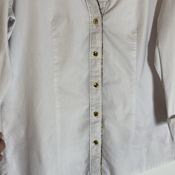 New Direction Top Womens Large White Leopard Trim Button Down Cuff Shirt Classic - Picture 8 of 16